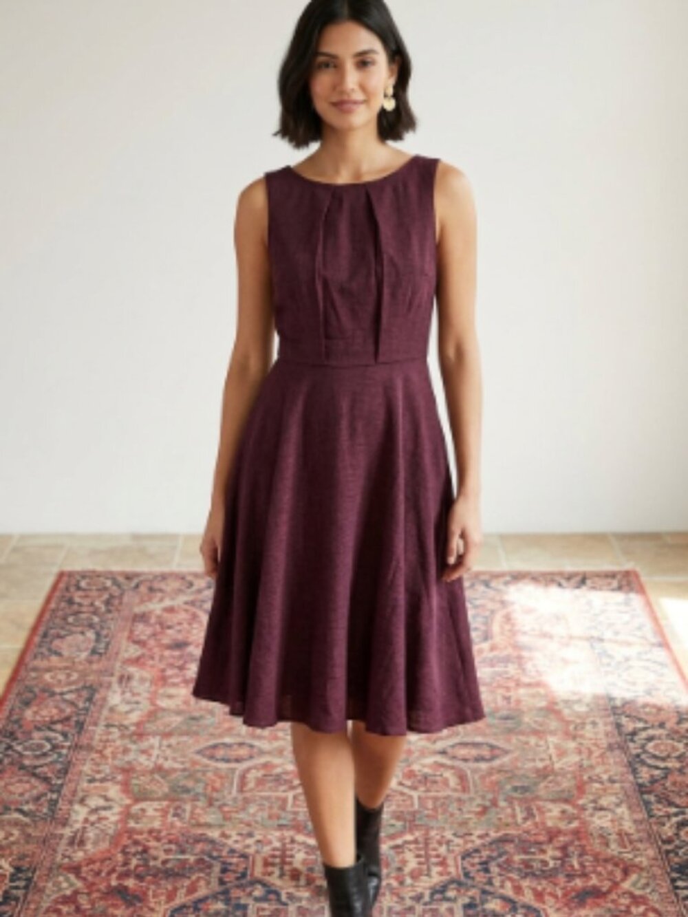 ELLE Wine Plum Textured Sleeveless Fit & Flare Midi Dress - Size Medium